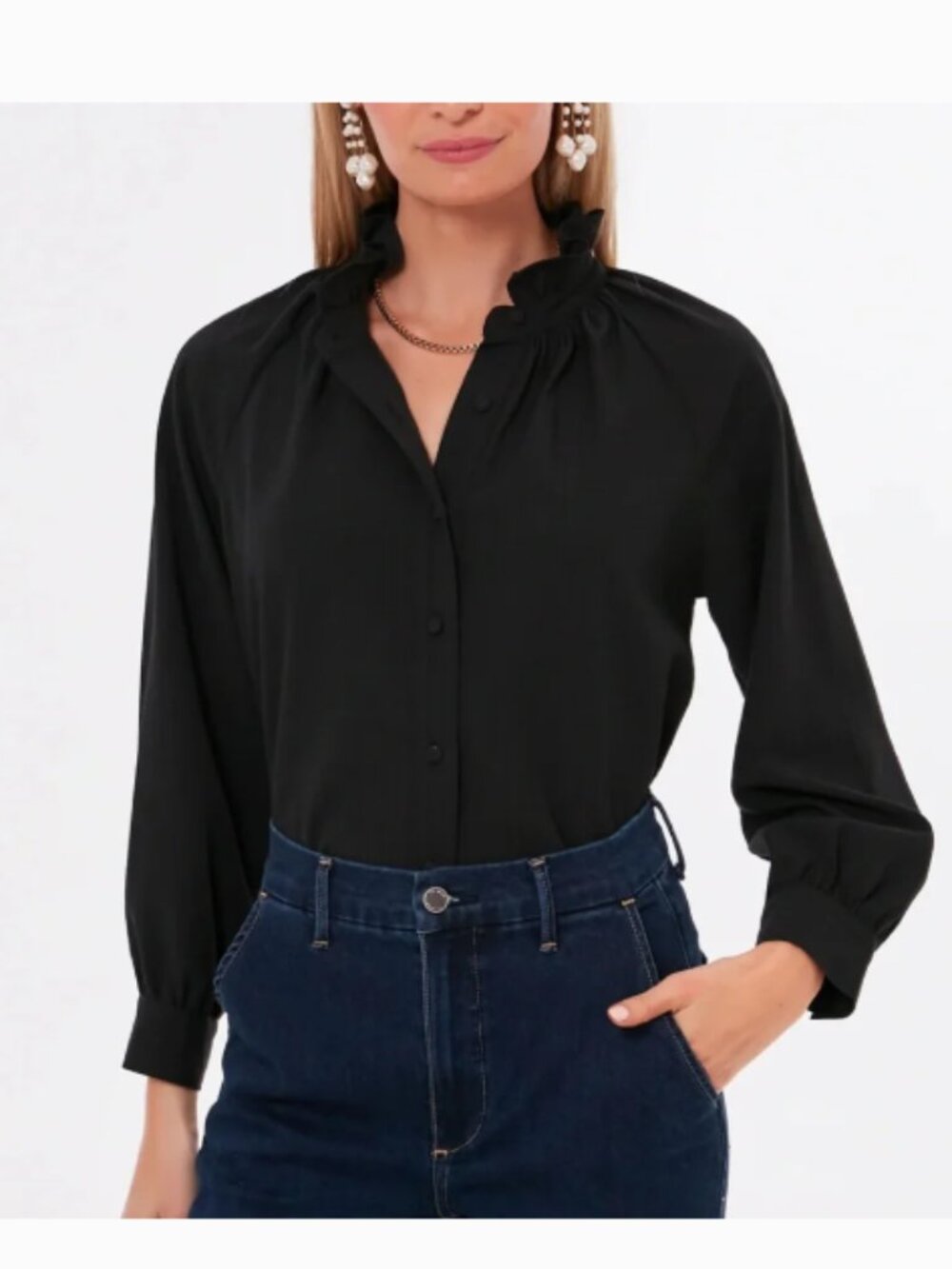 Tuckernuck Pomander Place Harlee Blouse XS Black Tonal Stripe Ruffle Collar Top